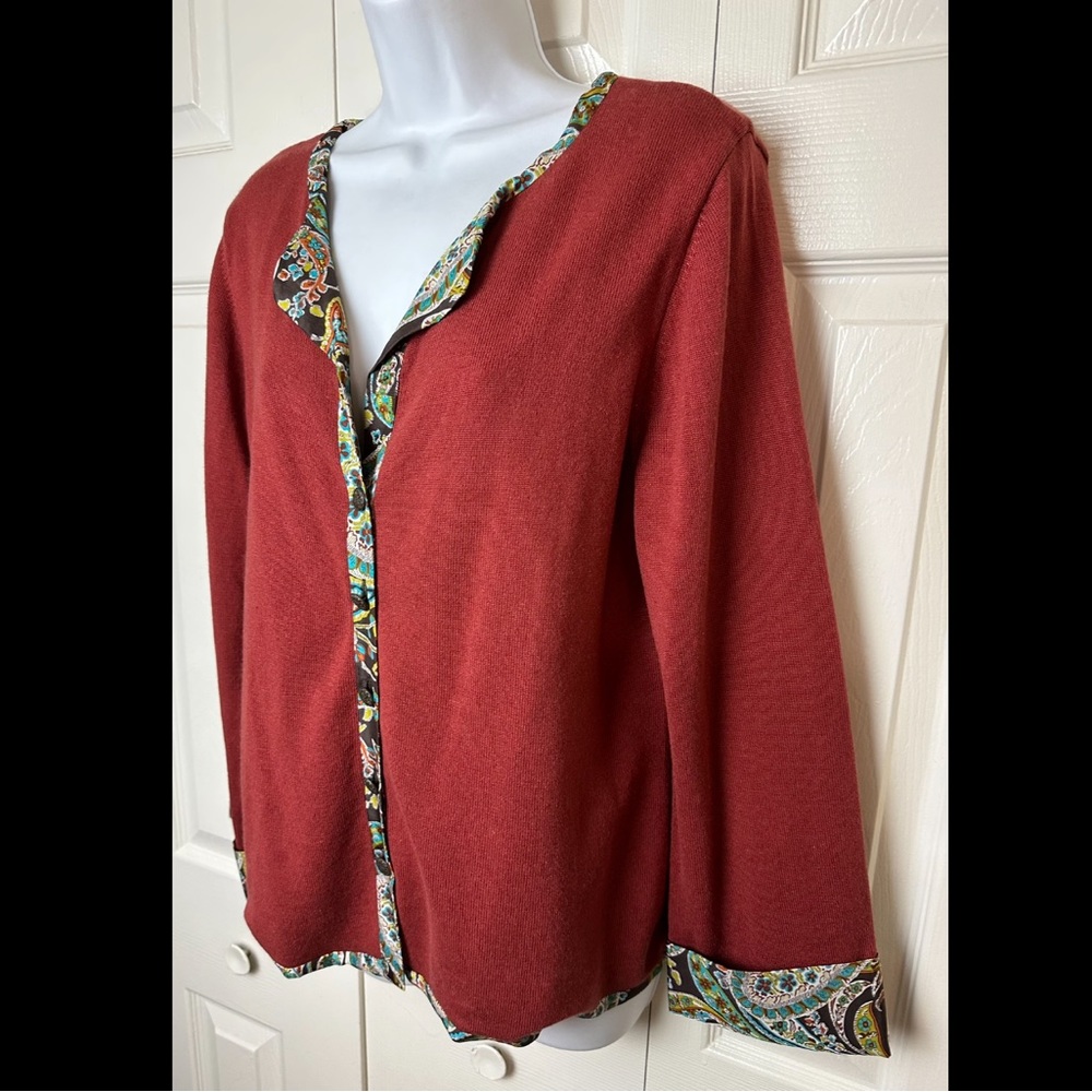 SOFT SURROUNDINGS Cashmere Silk Cardigan Sweater Burnt Orange Paisley Lined Trim - Picture 2 of 8